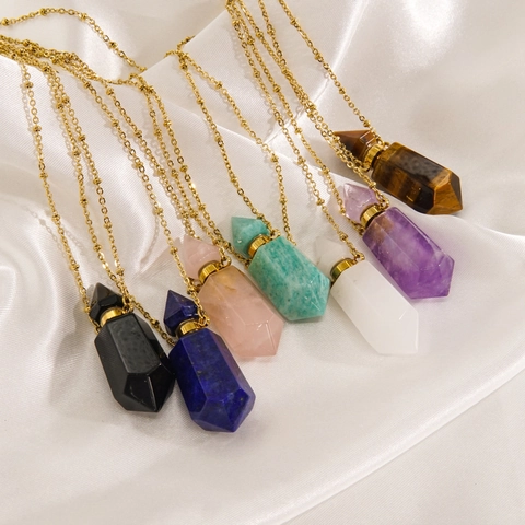 Stainless Steel Natural Stone Perfume Bottle Necklace Hexagonal Crystal Essential Oil Diffuser Pendant For Women