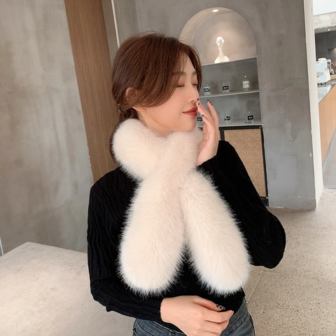 Women Faux Fox Fur Scarf Thick Warm Winter Neck Warmer Elegant Cross Over Plush Wrap Solid Color Stylish Accessory
