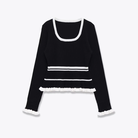 Jersey De Mujer Manga Larga Poliéster Acrílico Punto Canalé Dobladillo Con Volantes Bloque De Color Ajustado Top Elegante