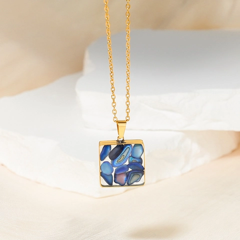 Stainless Steel Natural Stone Necklace For Women Gold Geometric Shield Square Pendant Elegant Fashion Jewelry Necklace Earring