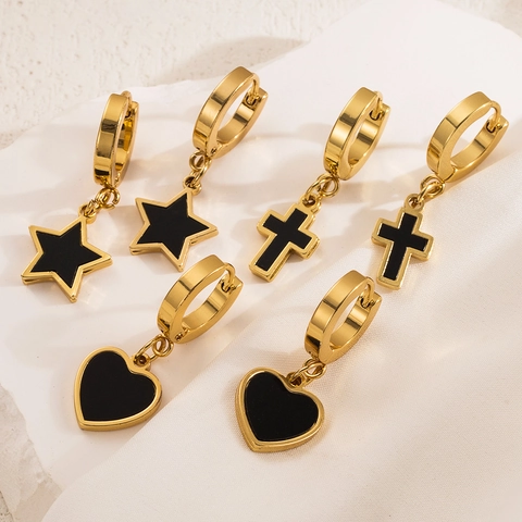 Huggie Hoop Ohrringe Edelstahl Schwarz Emaille Herz Stern Kreuz Anhänger Für Damen Gothic Punk Schmuck
