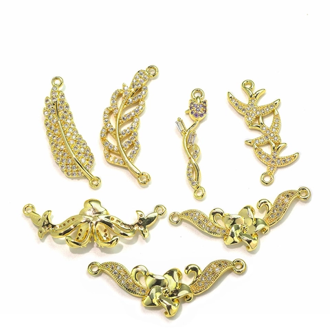 Copper Cubic Zirconia Pendants Connectors 18K Gold Plated Leaf Feather Flower Shape For DIY Jewelry Making Women