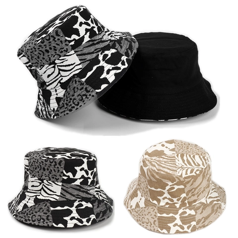 Omkeerbare Vissershoed Katoen Dierenprint Patchwork Luipaard Zebra Koe Patroon Zonbescherming Mode Voor Dames