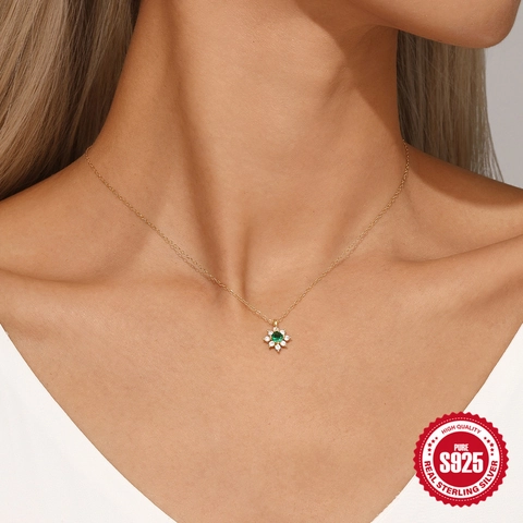 925 Sterlingsilber Blume Anhänger Halskette Für Damen Gold Vergoldet Grün Zirkonia Schlüsselbein Kette Minimalistisch Schmuck