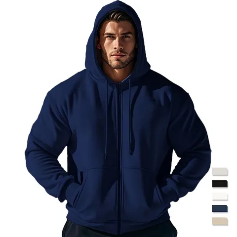 Men Zip Up Hoodie Polyester Spandex Blend Full Zip Drawstring Hood Side Pockets Casual Urban Fashion Solid Color
