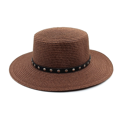 Boater Hat Straw Flat Top Women Sun Protection Summer Beach Retro Rivet Leather Band Decorative