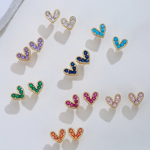 Heart Stud Earrings Copper 18K Gold Plated Colorful Cubic Zirconia Minimalist Fashion Jewelry For Women