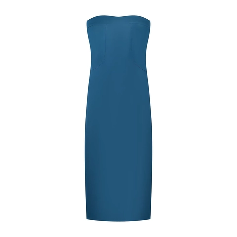 Strapless Maxi Dress Satin Texture Solid Blue Back Slit Elegant Party Sleeveless Tube Top Bodycon Women