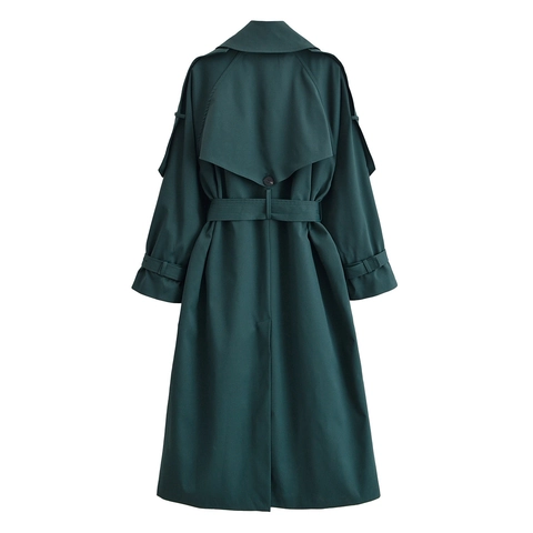 Dames Lange Trenchcoat Dubbele Rij Knopen Revers Windjack Met Riem Casual Forens Polyester Donkergroen Elegante Bovenkleding