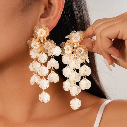 Retro Blumen Quasten Ohrhänger Mit Imitation Künstliche Perle Muschel Blütenblätter Und 925 Sterling Silber Ohrstecker Schmuck