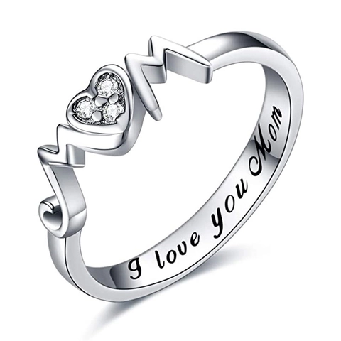 Copper Zirconia MOM Heart Ring For Women Silver Plated I Love You Mom Engraved Finger Ring Mother Day Jewelry Gift