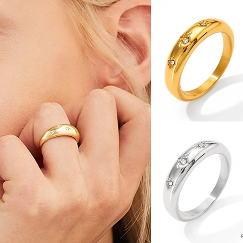 Stainless Steel Dome Ring With Zircon Eight Pointed Star Vintage Minimalist North Star Polished Jewelry For Women