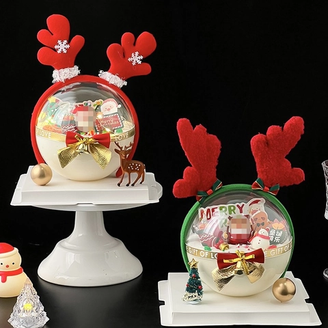 Christmas Reindeer Antler Headband Transparent Mousse Ball Cake Topper Festive Party Decoration Ribbon Bell LED Light