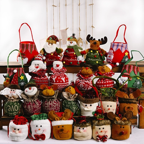 Christmas Gift Bags Linen Knit Felt Drawstring Candy Pouch With 3D Santa Snowman Reindeer For Holiday Party Favors