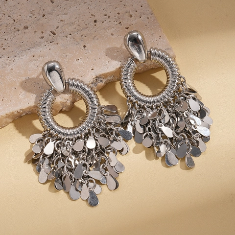 Boho Tassel Earrings Round Textured Circle Water Drop Metal Sequins For Women With 925 Sterling Silver Earring Post
