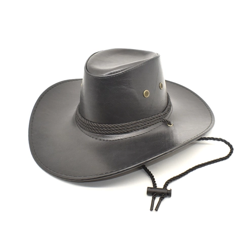 Western Cowboy Hat Faux Leather Wide Brim Windproof Rope Outdoor Ethnic Style Men Women