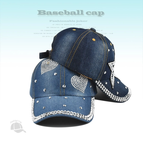 Cappello Da Baseball In Denim Moda Strass Cuore Stella Borchie Cotone Lavato Cappello Parasole Per Donna