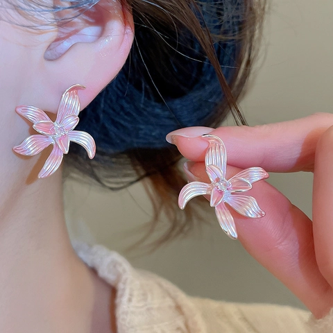 Pink Flower Stud Earrings For Women Shiny Rhinestone Floral Earrings Sweet Elegant Accessory Jewelry Gift For Girls Fashion Ear Studs