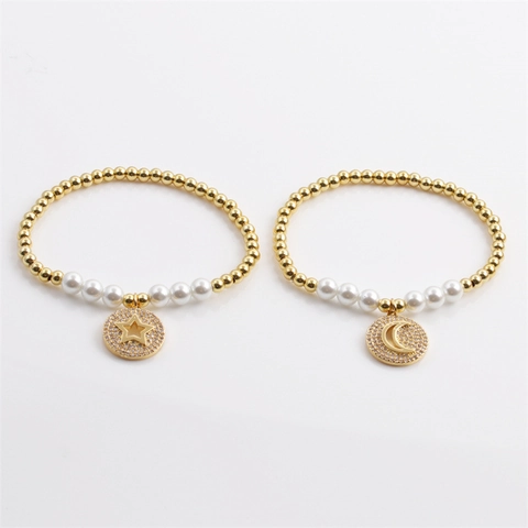 Pulsera De Cuentas Con Dije De Estrella Y Luna Cuentas De Cobre Perla Artificial Micro Pavé Circón Joyas Elegantes