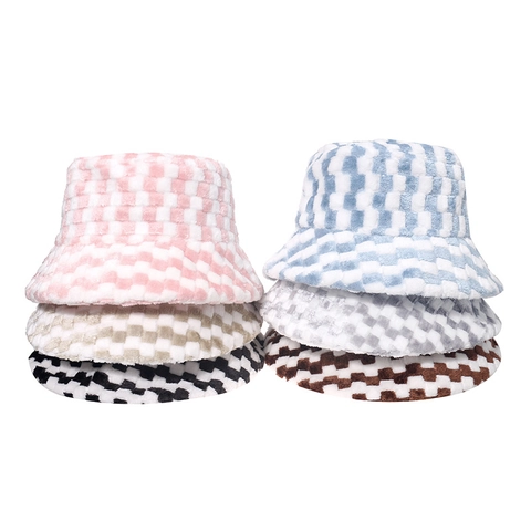 Checkerboard Pattern Plush Bucket Hat Warm Faux Fur Winter Fisherman Cap Windproof Casual For Men Women