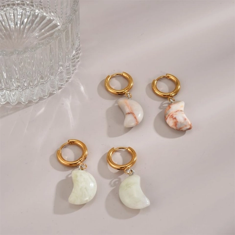Vintage Crescent Moon Natural Stone Earrings Necklace For Women Stainless Steel Gold Electroplated Hoop Earrings Jewelry