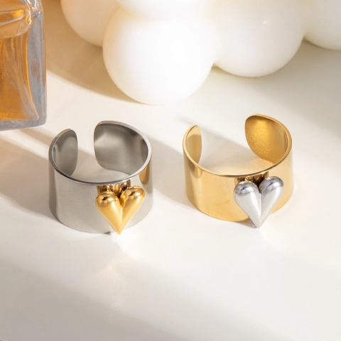 Herz Offener Ring Edelstahl Zweifarbig Gold Silber Verstellbar Minimalistischer Modeschmuck Für Damen
