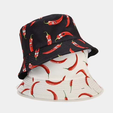 Cappello Da Pescatore Reversibile In Cotone Con Stampa Peperoncino Cartone Animato Protezione Solare Per Donne Uomini