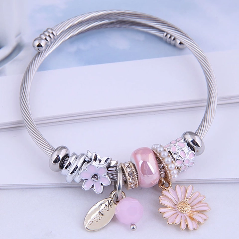 Bracciale Rigido Con Perline Fiore Di Margherita Filo Di Acciaio Inossidabile Lega Smalto Cristallo Regolabile Per Donne