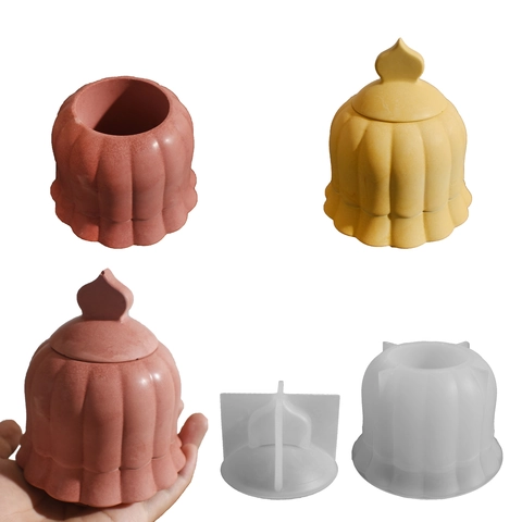 Bell Shaped Storage Jar Silicone Mold And Lid Striped Candle Cup DIY Resin Casting Craft Mould For Christmas Home Decor