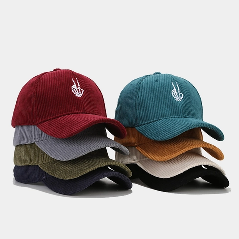 Corduroy Baseball Cap Skelett Hand Geste Stickerei Verstellbar Gebogene Krempe Sonnenschutz Outdoor Retro Hut
