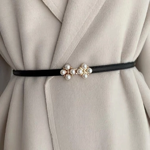 Cintura Sottile Da Donna In Pelle PU Elegante Fibbia A Fiore Con Künstliche Perle Regolabile Per Abito Completo Cappotto Accessorio Versatile