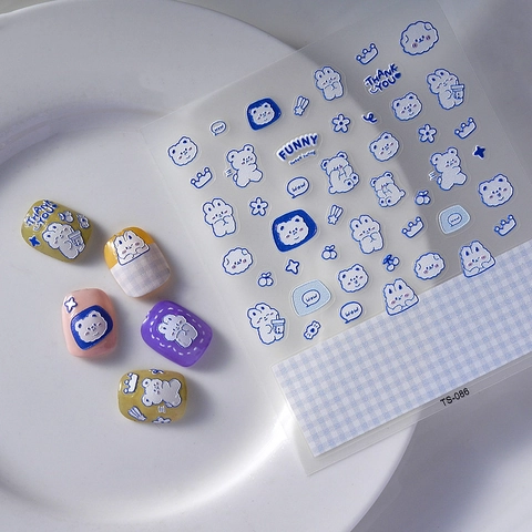 5D Geprägte Nagelaufkleber Niedliches Cartoon Bär Hase Muster DIY Maniküre Dekoration Wasserdichte Aufkleber Süßer Stil