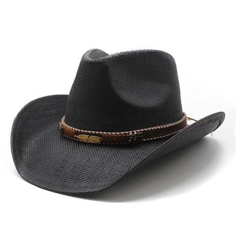 Western Cowboy Straw Hat Wide Brim Sun Protection Paper Breathable Beach Vacation Ethnic Gold Leaf Bead Decor