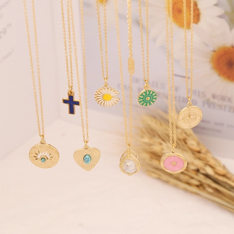 Edelstahl Anhänger Halskette Naturstein Herz Kreuz Kompass Gänseblümchen Vintage Schmuck Geschenk Für Damen
