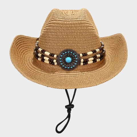 Sombrero Vaquero Paja Banda Cuentas Medallón Turquesa Ala Ancha Protección Solar Playa Verano Unisex Cuerda Viento Ajustable