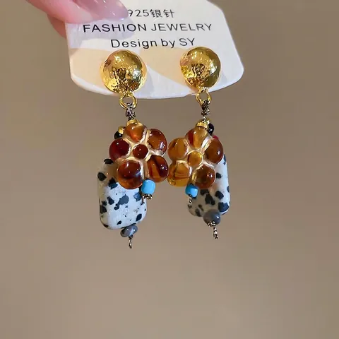 Vintage Blumen Hängeohrringe Mit Dalmatiner Jaspis Stein Und 925 Sterling Silber Ohrstecker Für Damen Boho Stil