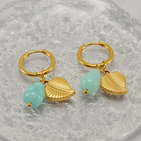 Boucles D'oreilles Anneaux Feuille Vintage Plaqué Or 18K Acier Inoxydable Pierre Turquoise Naturelle Goutte Femme