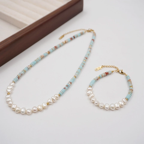 Collana Bracciale a Mano con Perline Multicolore con Perla d'Acqua Dolce Acciaio al Titanio Perline in Pietra Naturale Gioielli Donna
