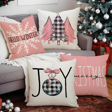 Kussensloop Roze Kerstboom Linnen Print Sneeuwvlok Winter Vakantie Huis Sofa Decoratieve Kussensloop