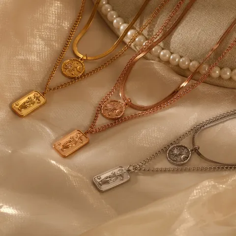 Collar Retro De Capas De Acero Inoxidable Mujeres Celestial Sol Luna Estrella Colgante Carta Tarot Mano Joyería