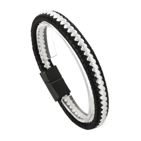 Bracciale Pelle Intrecciata Uomo Corda Cotone Chiusura Magnetica Acciaio Inossidabile Moda Casual Minimalista Polso