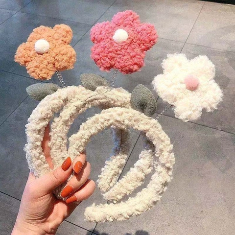 Diadema Peluche Flor Orejas De Oso Lana De Cordero Piel Sintética Aro Para El Cabello Dulce Kawaii Tocado Para Mujeres Niñas Niños