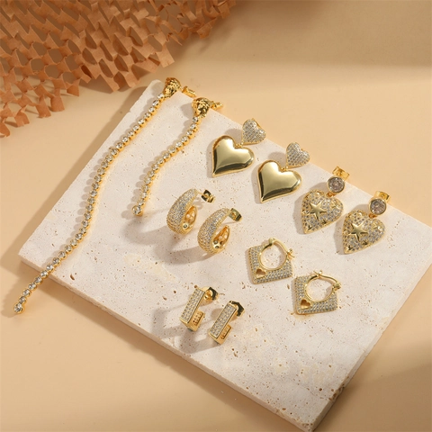 Boucles Oreilles Coeur Étoile En Cuivre Zircon Style Vintage Français Luxe Géométrique Pendantes Femmes Bijoux Élégants