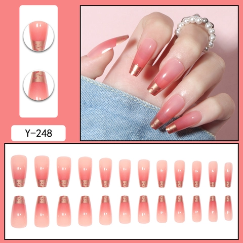 Uñas Postizas Press On Degradado Francés Rosa Forma De Ataúd Larga Con Decoración De Pan De Oro Para Mujeres Manicura
