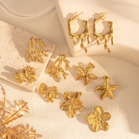 Stainless Steel Gold Plated Earrings Starfish Flower Bowknot Molten Style Retro Elegant Artistic Jewelry For Women