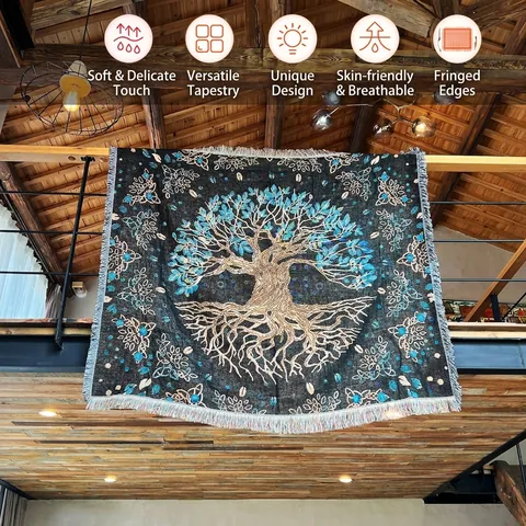Tree Of Life Woven Cotton Throw Blanket Bohemian Jacquard Wall Tapestry With Fringes For Camping Sofa Couch Decor