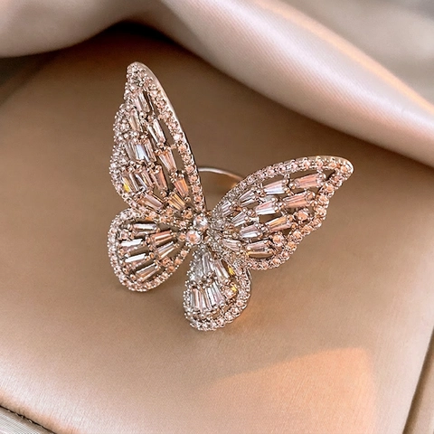 Schmetterling Offener Ring Zirkon Kupfer Hohl Verstellbarer Fingerschmuck Elegant Luxus Mode Für Damen