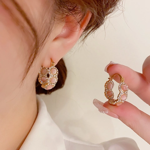 Orecchini a Cerchio Placcati Oro di Lusso Vintage per Donna Retro Rosa Pietra Occhio di Gatto Grigio Zirconia Geometrici