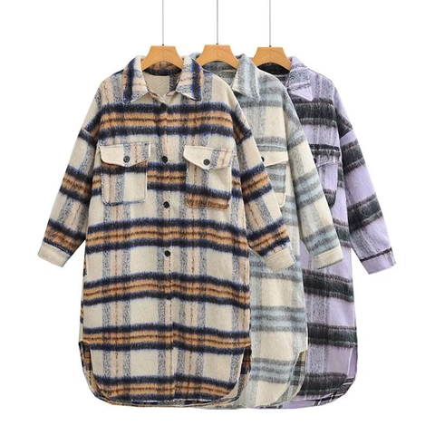 Veste Chemise Longue À Carreaux Femme Manches Longues Boutonnée Flanelle Brossée Manteau Décontracté Mélange De Laine