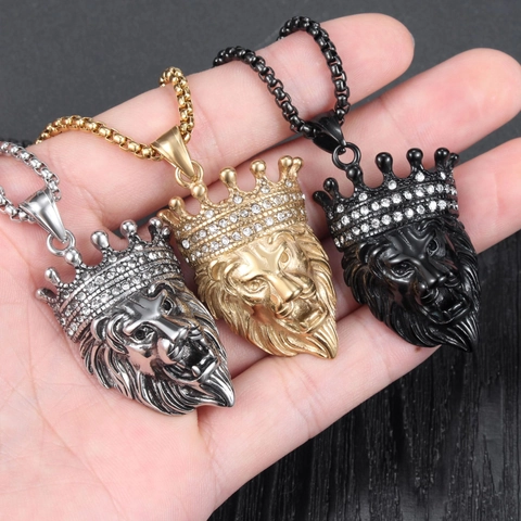 Collier Pendentif Tête De Lion Avec Couronne Strass Acier Inoxydable Bijoux Style Hip Hop Punk Pour Homme
